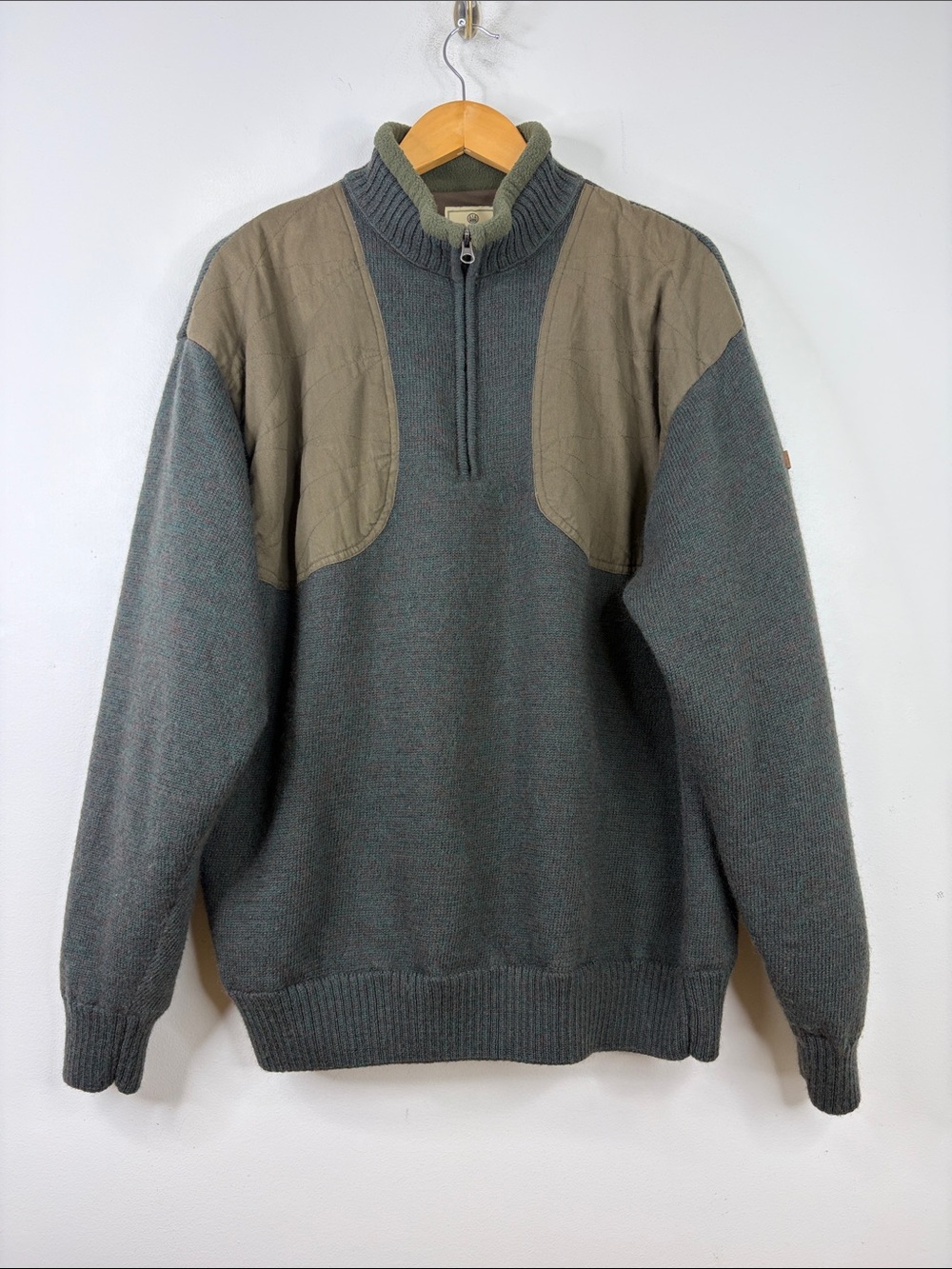 Beretta Sweater Mens 2XL Green Wool Half Zip Lined Shoulder Patches Quilted
